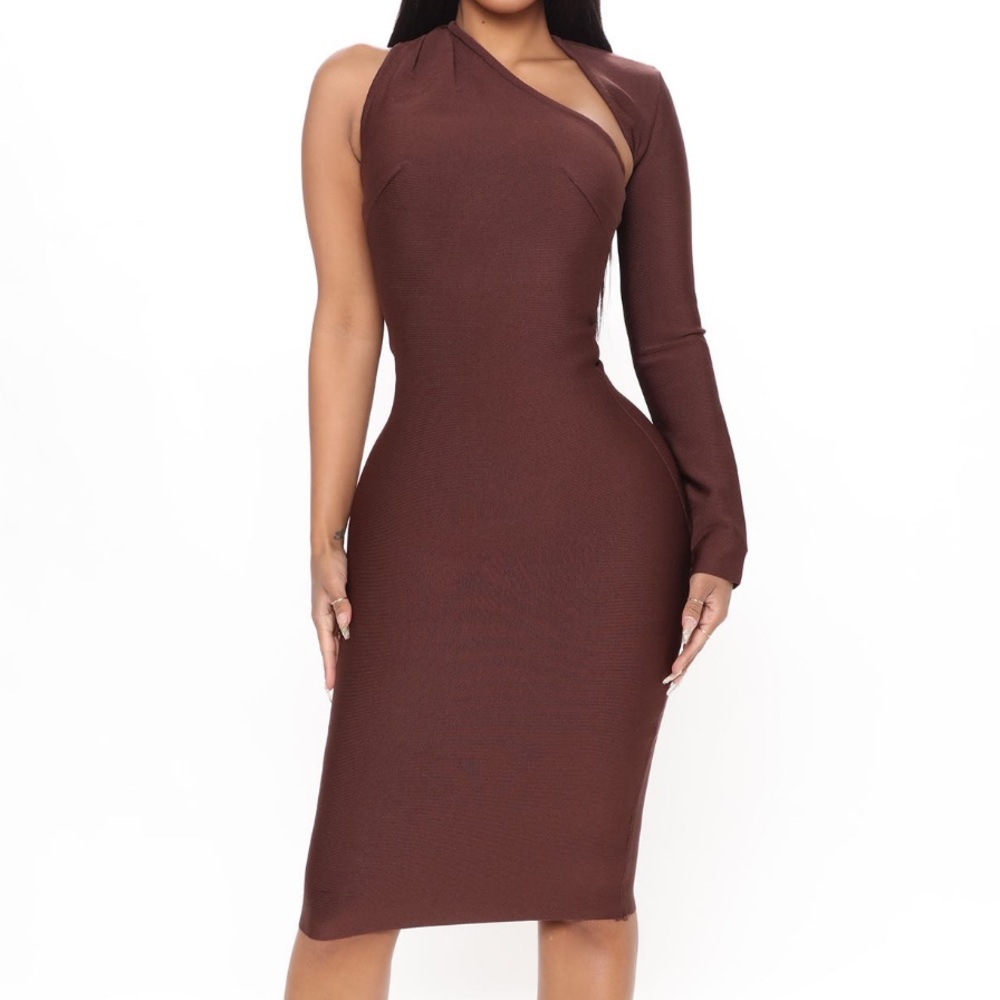 Brown Ribbed One-Shoulder Bodycon Dress - Bandage Dress - Brand New